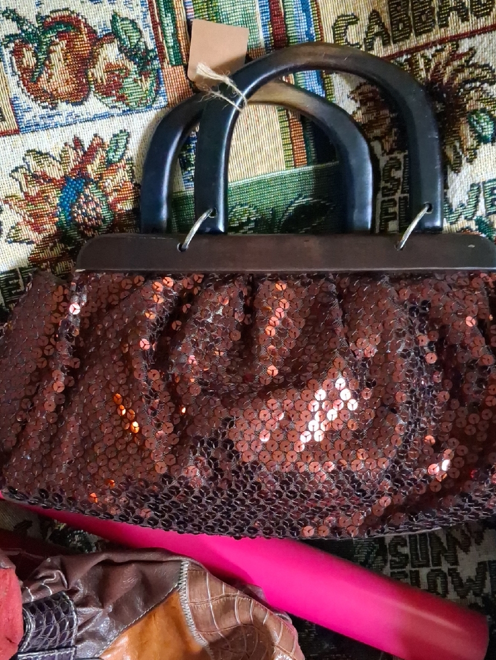 Sequined Brown Top-Handle Evening Bag